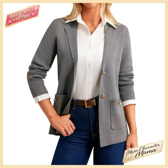 Women's Sweater Blazer Open Front Lapel Cardigan Work Casual Pockets